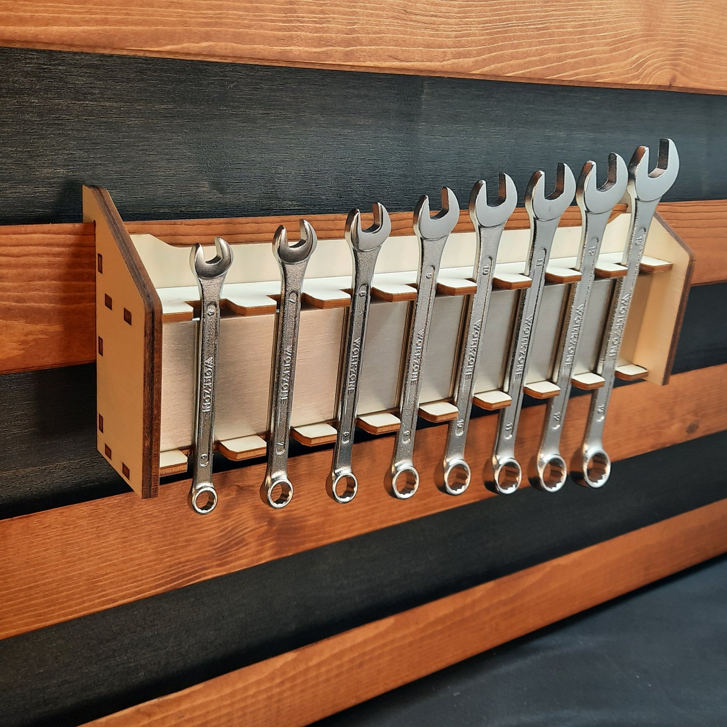 Maulschlüsselhalter aus Holz mit Magnet – Werkzeugwand Halter für bis zu 8 Maulschlüssel